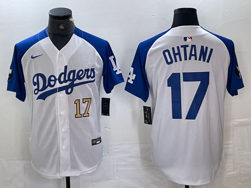 Men Los Angeles Dodgers #17 Ohtani White blue Fashion Nike Game MLB Jersey style 4->->
